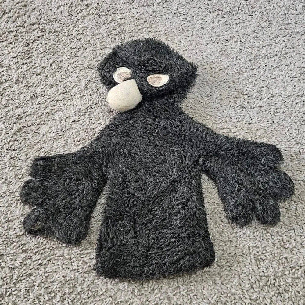 Handmade Hand Puppet Charcoal Grey Faux Fur Floral Trim Vintage Style